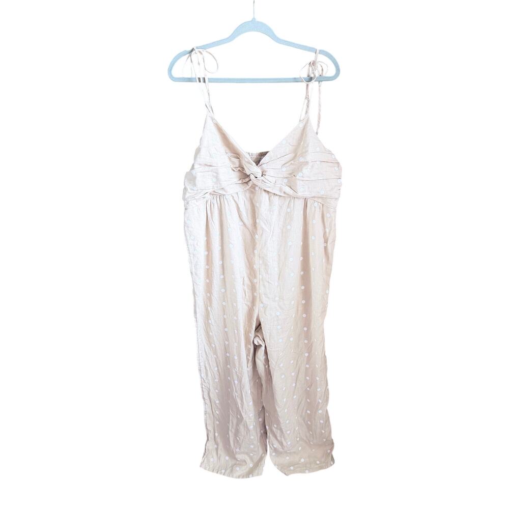 Old Navy Linen Blend tan white Polka Dot Wide Leg Jumpsuit Pockets XL Petite